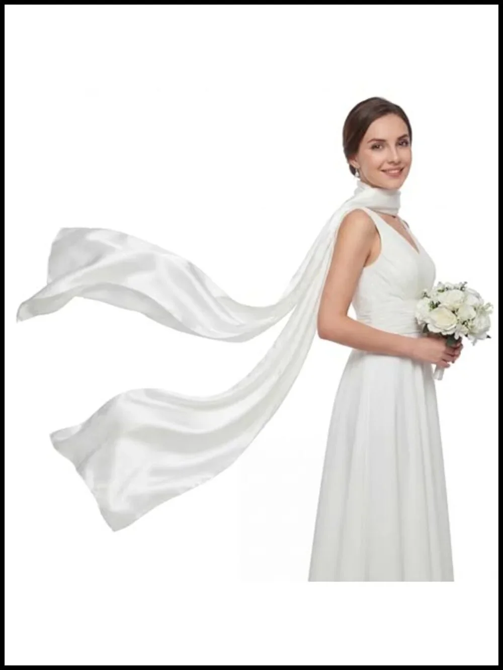 Ivory Satin Tulle Bridal Neck Scarf Detachable Flowing Shawl Necklace Wrap